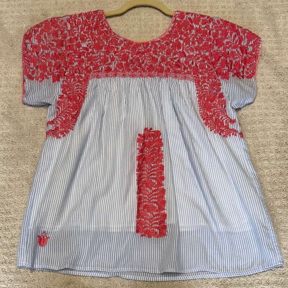 j. marie Tops - Elegant Red Lace and Blue Striped Blouse